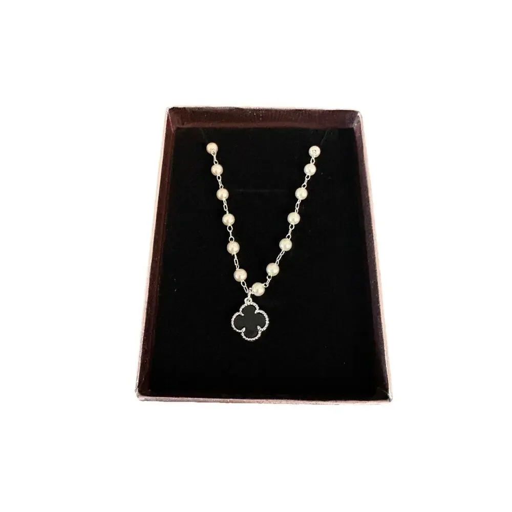 Black Clover Pendant Necklace Faux Pearl Chain Silver Tone Adjustable 17 Inches